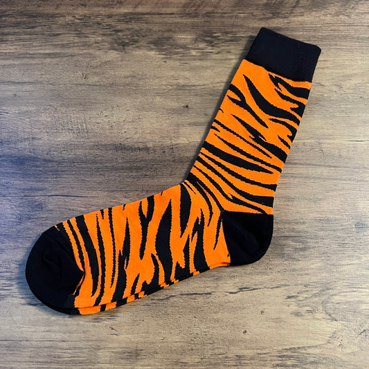 Tasker & Shaw | Luxury Menswear | Black and Orange Tiger Print Socks