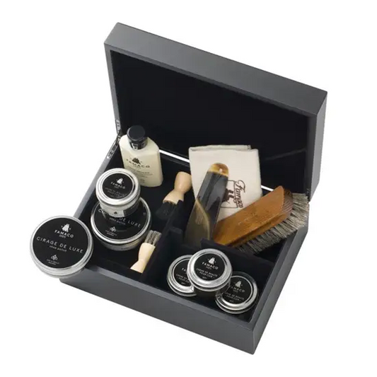Tasker & Shaw | Luxury Menswear | Monet wooden boxed shoe care kit by Famaco, Paris