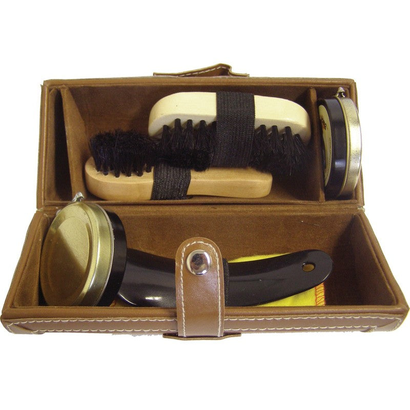Tasker & Shaw | Luxury Menswear | Travel size synthetic leather brown barrel shoe care kit