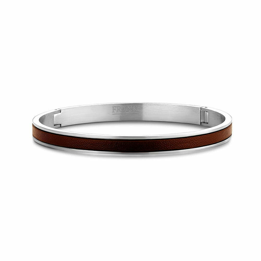 Tasker & Shaw | Luxury Menswear | Brown Leather inlaid hinged Mens Bangle