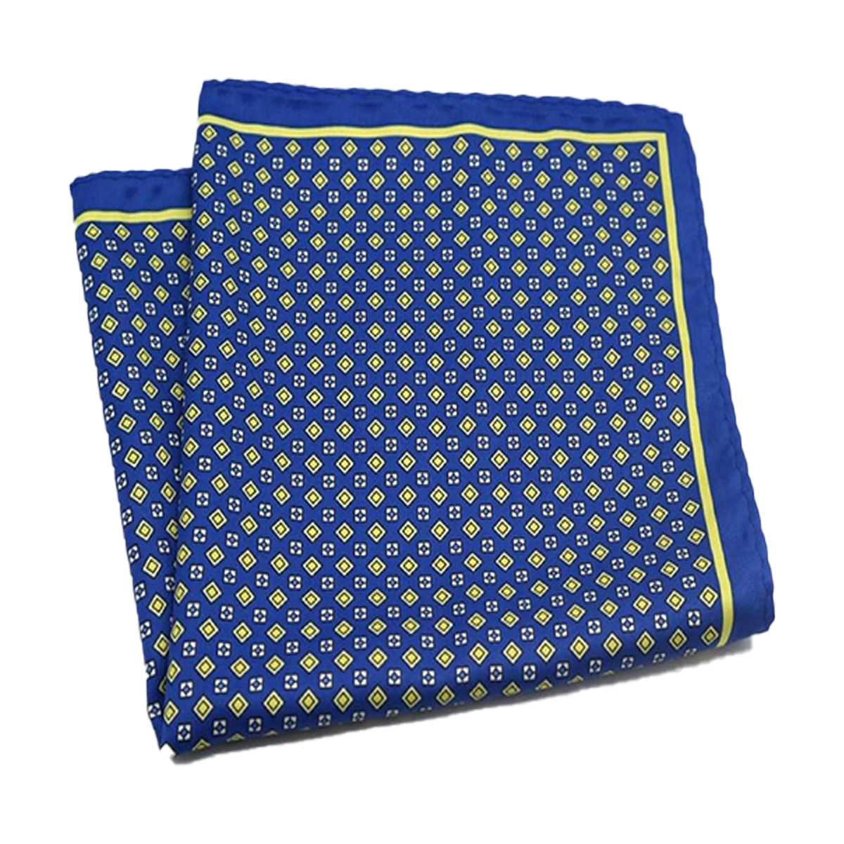Tasker & Shaw | Luxury Menswear | Blue and Yellow Geometric Patterned, Pure Silk Pocket Square