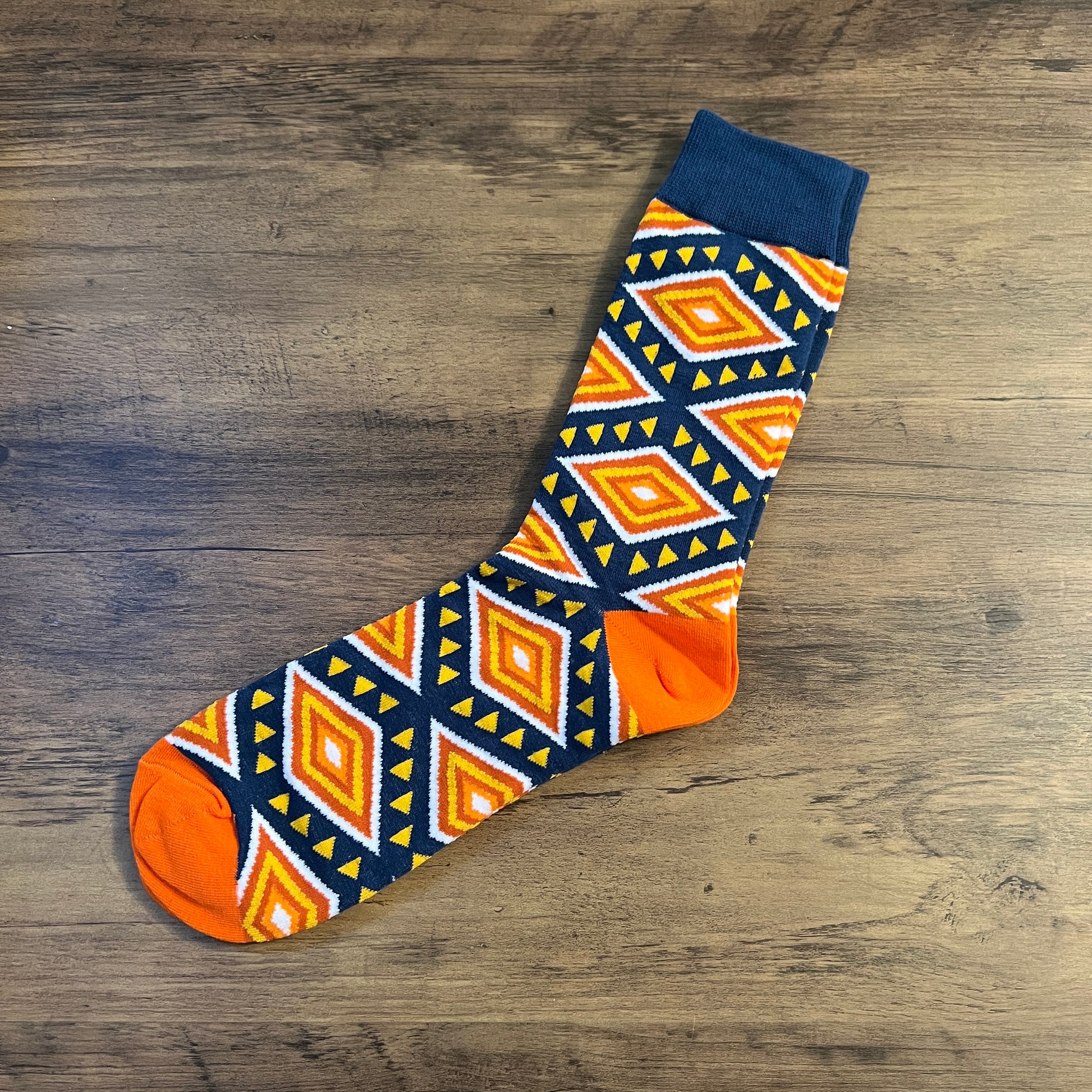 Tasker & Shaw | Luxury Menswear | Orange, yellow and blue Mexican pattern socks