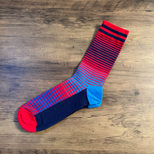 Tasker & Shaw | Luxury Menswear | Red, aqua and navy 80s stripes socks