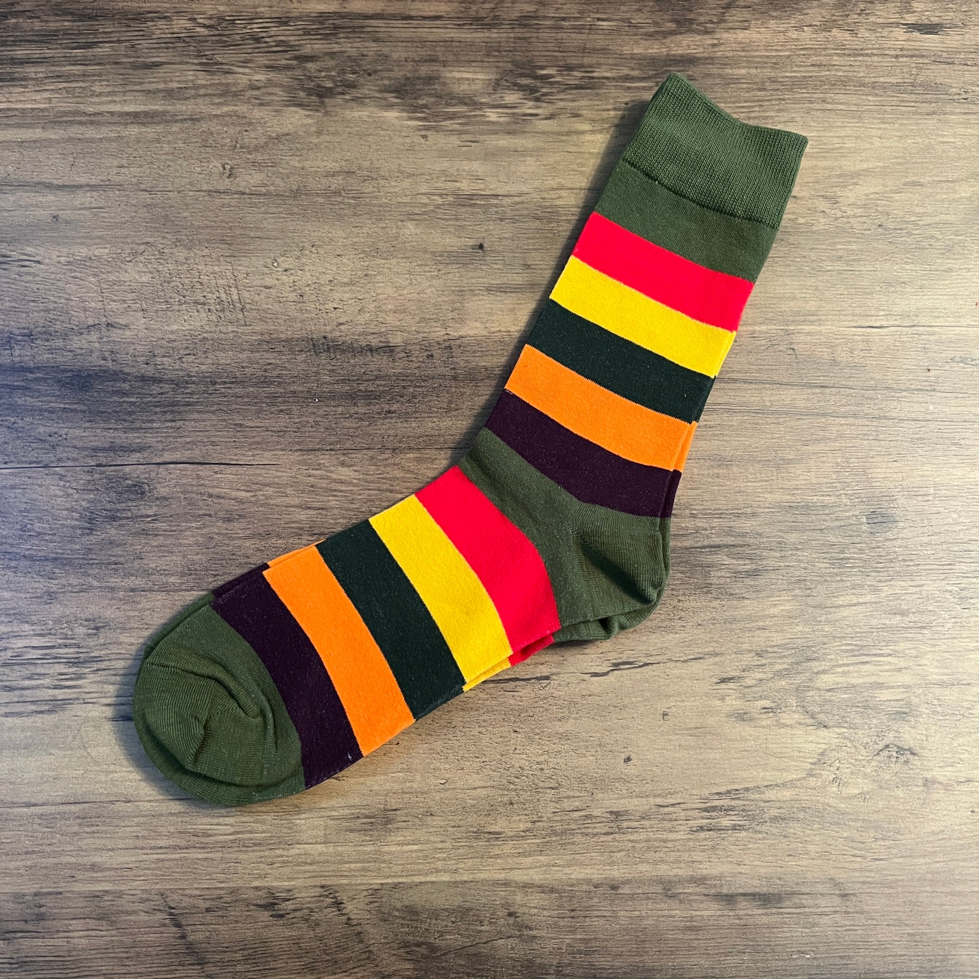 Tasker & Shaw | Luxury Menswear | Army Green with Bright Stripes Socks