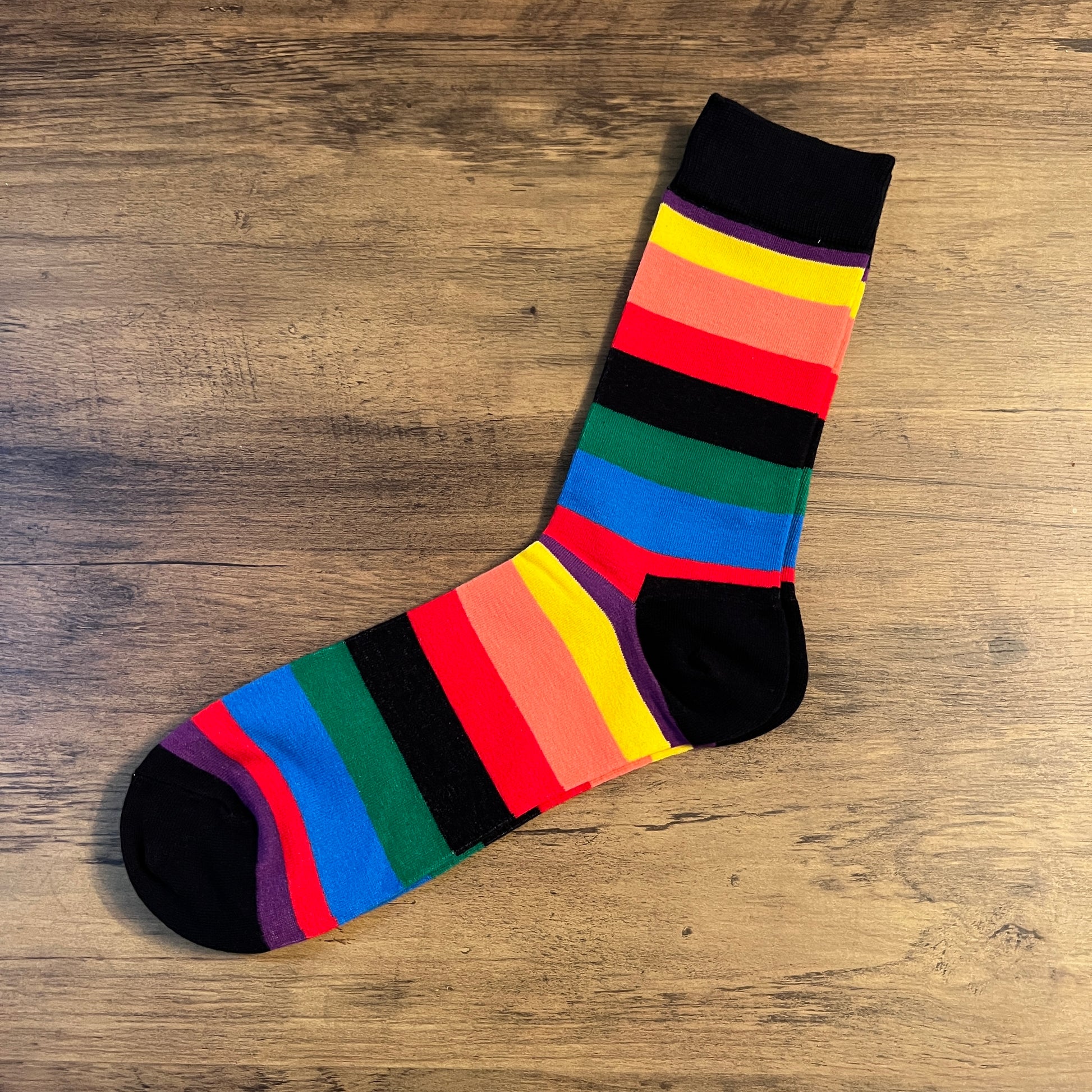 Tasker & Shaw | Luxury Menswear | Black with bold rainbow stripes socks