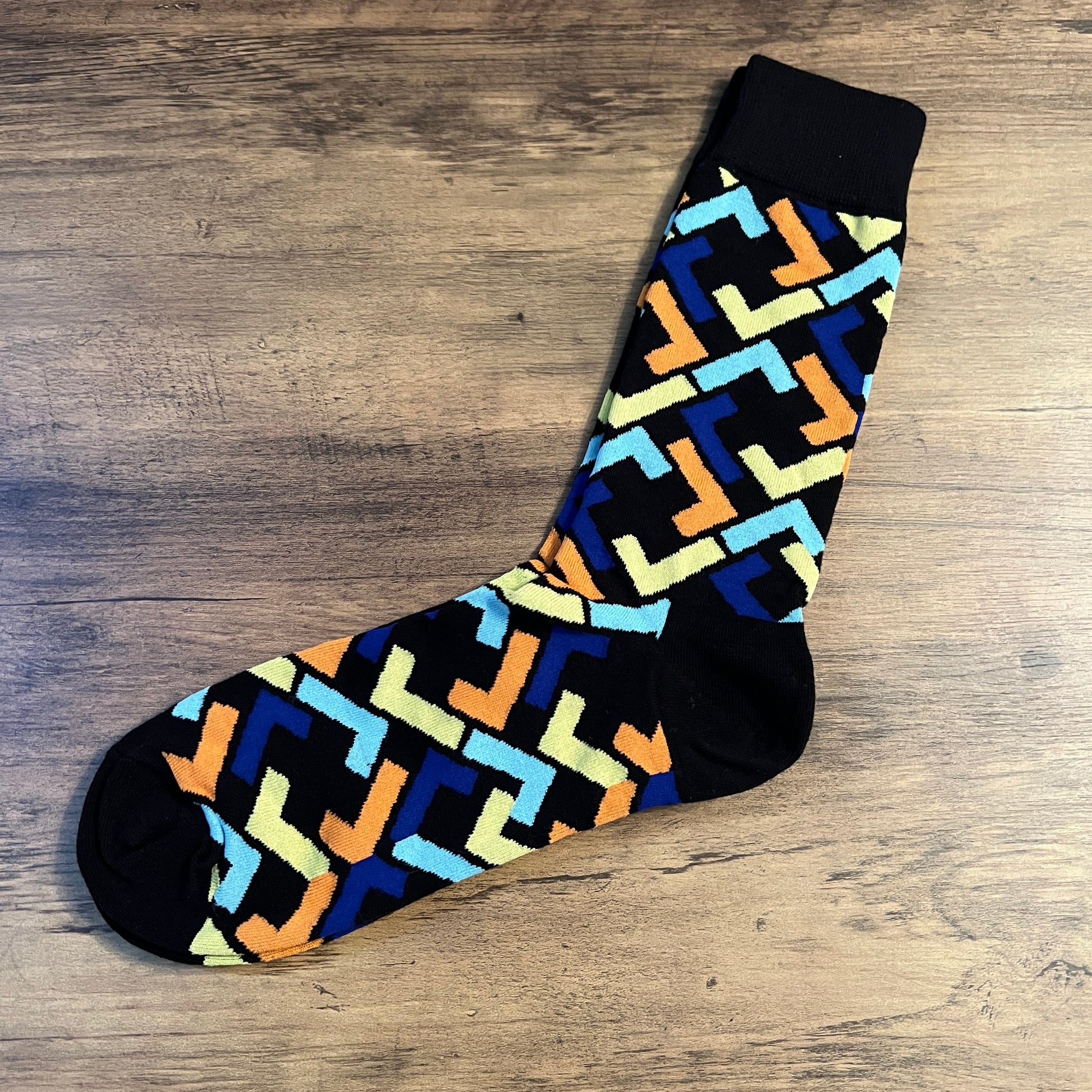 Tasker & Shaw | Luxury Menswear | Black And Multicoloured Tetris pattern Socks