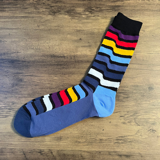 Tasker & Shaw | Luxury Menswear | French navy multicolour wavy stripes socks