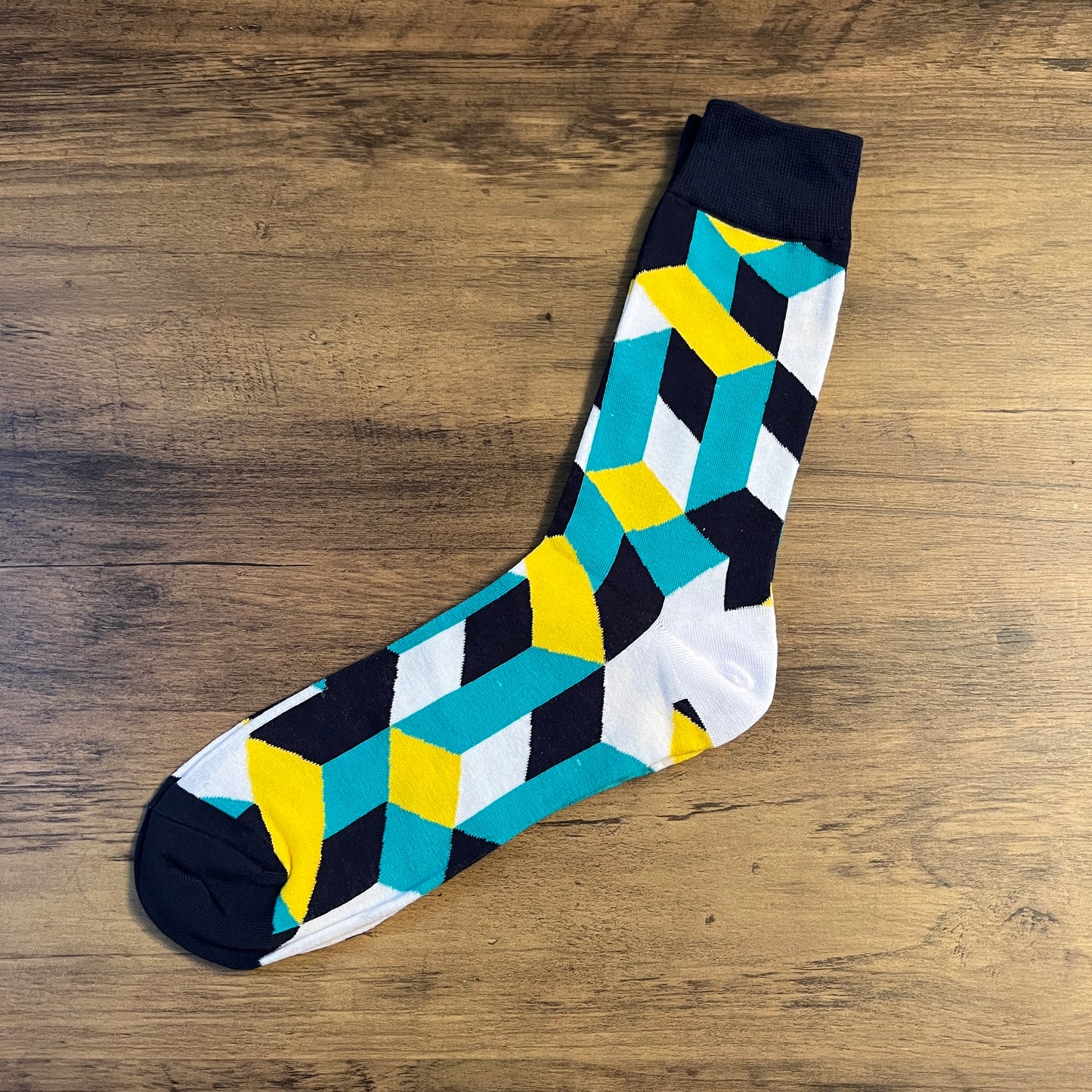 Tasker & Shaw | Luxury Menswear | Navy, teal, white and yellow geometric pattern socks