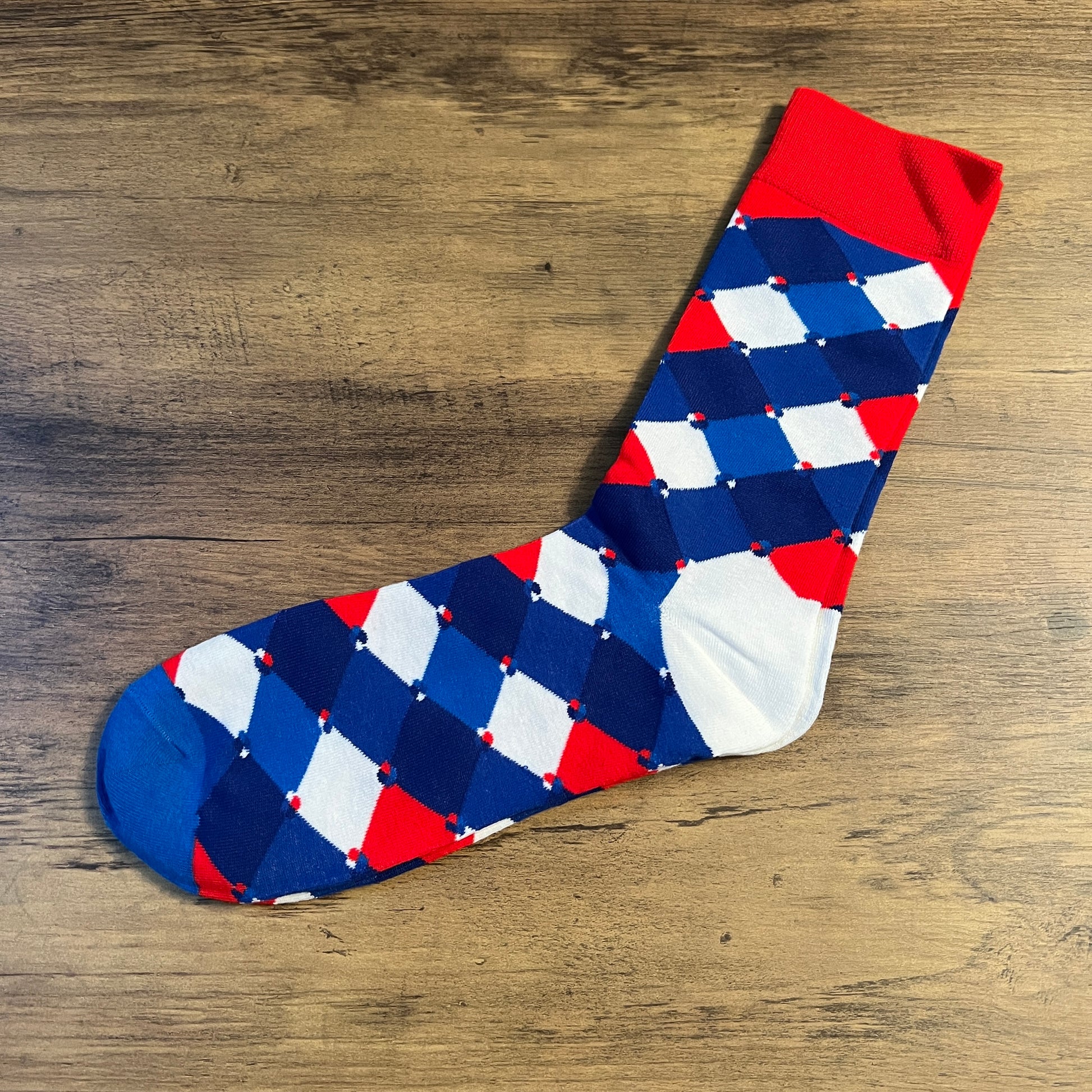 Tasker & Shaw | Luxury Menswear | Red with white and blue diamond socks