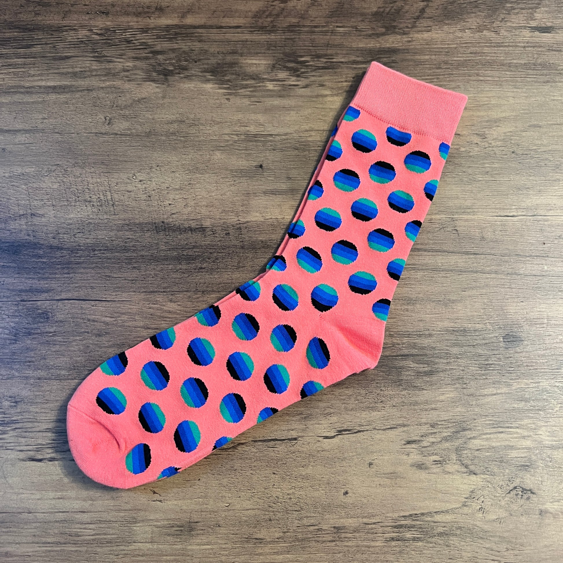 Tasker & Shaw | Luxury Menswear | Pink with black, blue and green spotted pattern socks
