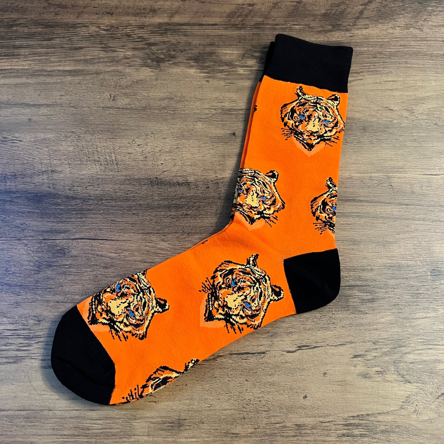 Tasker & Shaw | Luxury Menswear | Orange and black large tiger pattern socks
