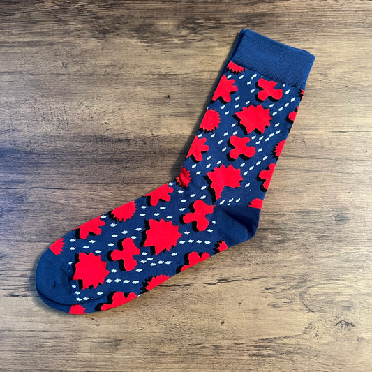 Tasker & Shaw | Luxury Menswear | Navy socks with red zapp pattern socks