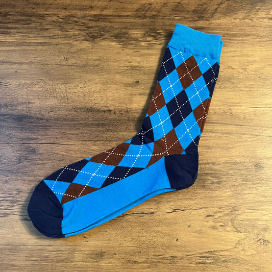 Tasker & Shaw | Luxury Menswear | Shades of blue with brown contrast argyle socks