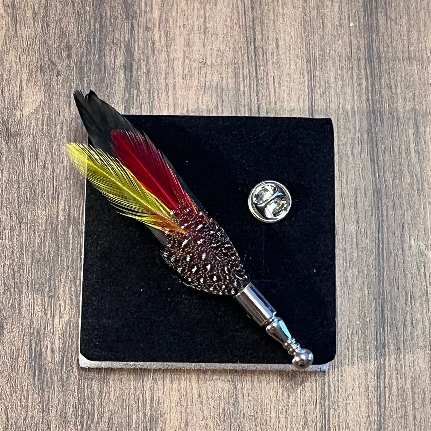 Tasker & Shaw | Luxury Menswear | Multicoloured feather lapel pin