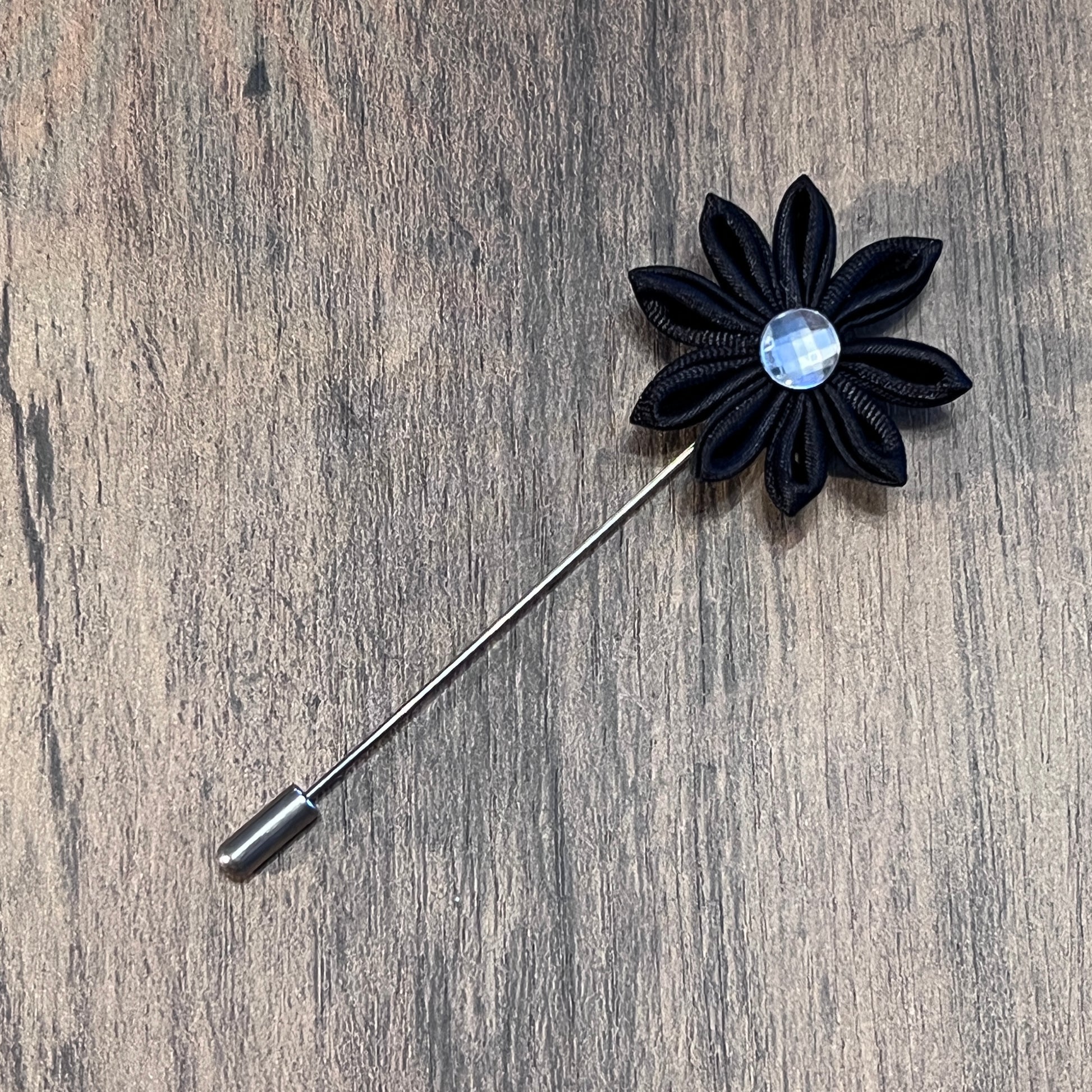 Tasker & Shaw | Luxury Menswear | Black Flower with Crystal Lapel Pin