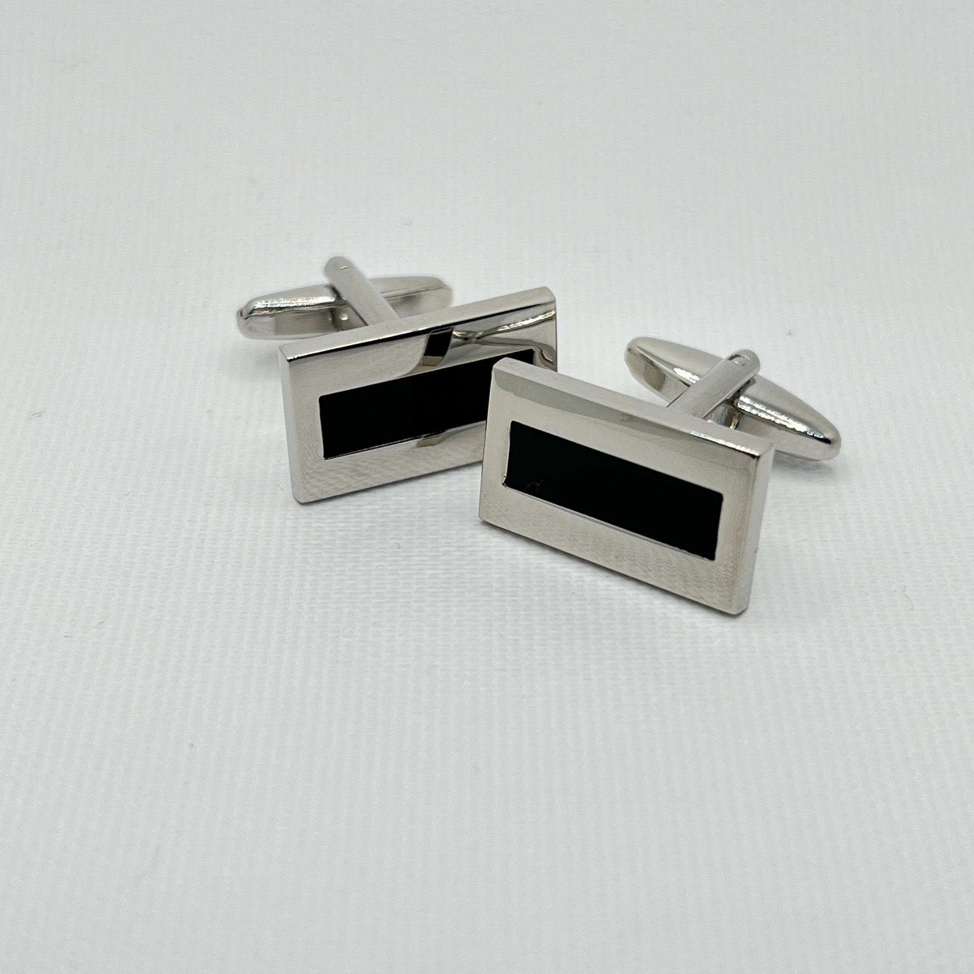 Tasker & Shaw | Luxury Menswear | Silver oblong cufflinks with black inlay