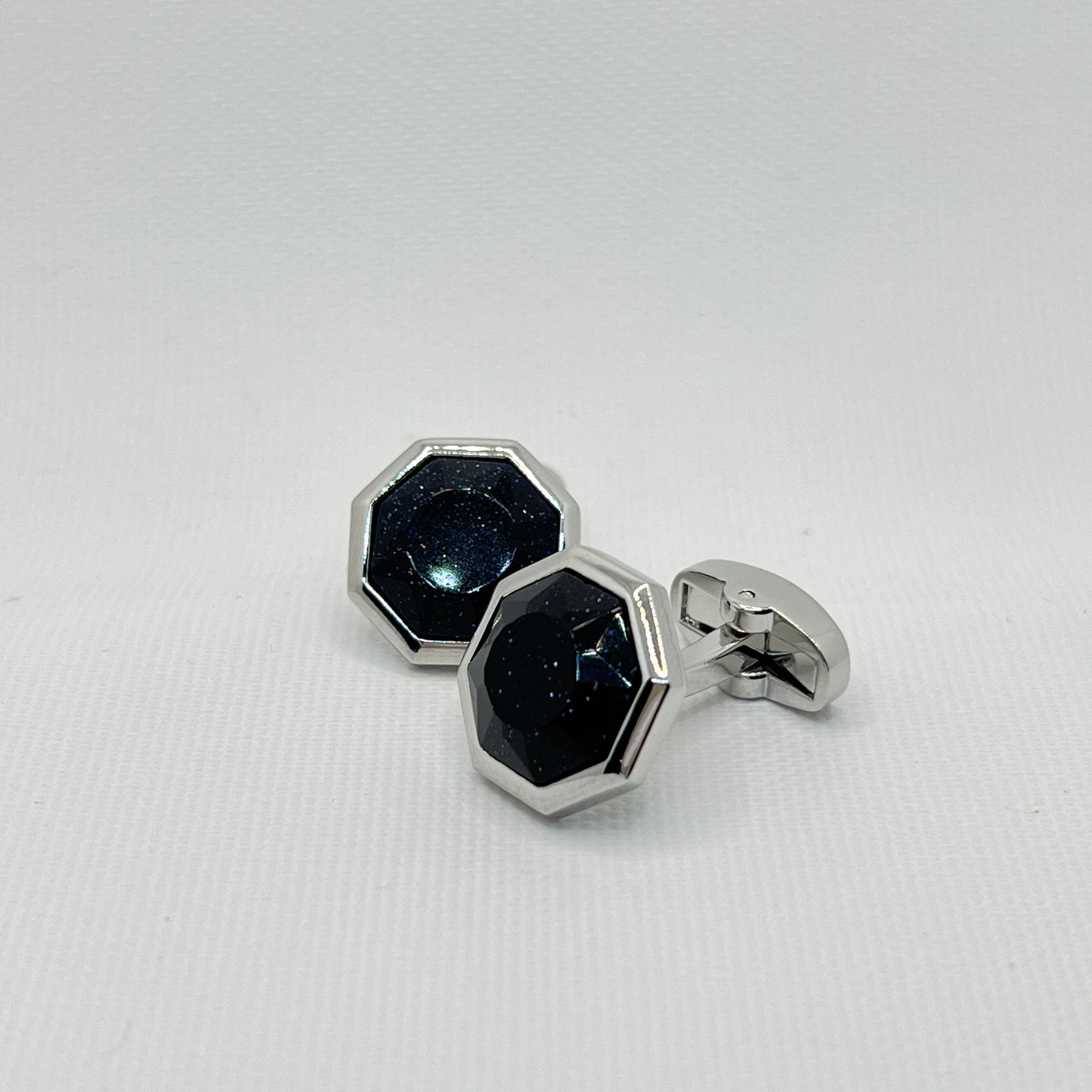Tasker & Shaw | Luxury Menswear | Silver octagonal cufflinks with darkest blue shimmering inlay