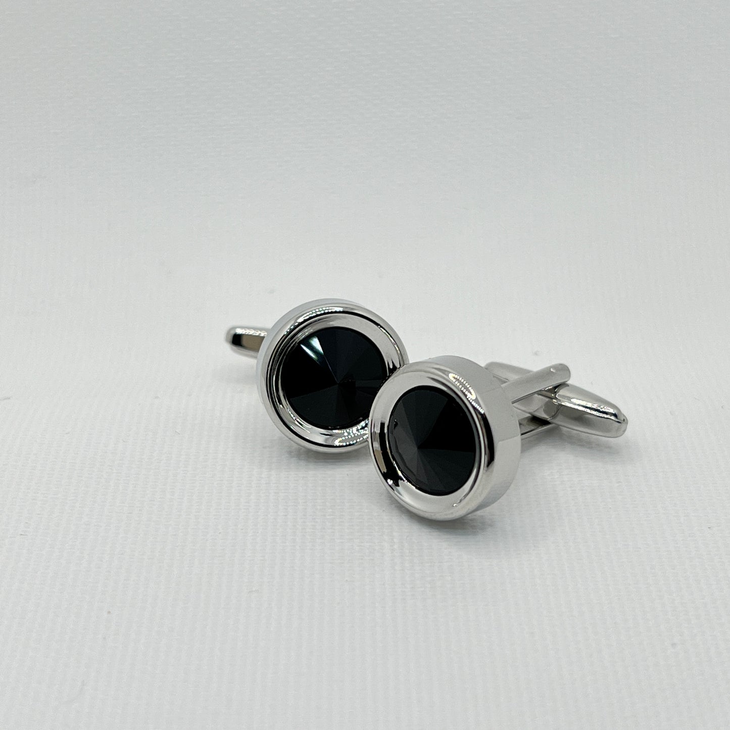 Tasker & Shaw | Luxury Menswear | Round silver with black crystal cufflinks