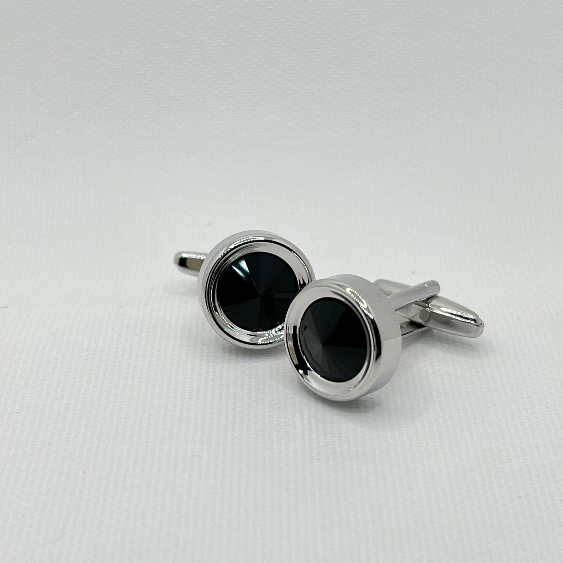 Tasker & Shaw | Luxury Menswear | Round silver with black crystal cufflinks