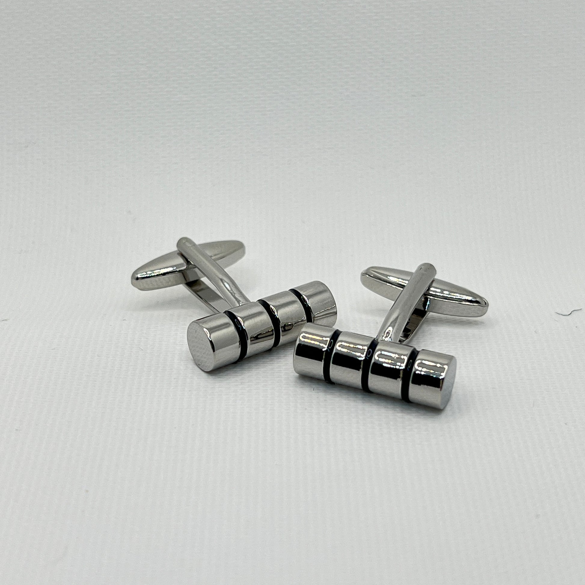 Tasker & Shaw | Luxury Menswear | Silver barrel cufflinks with black stripes