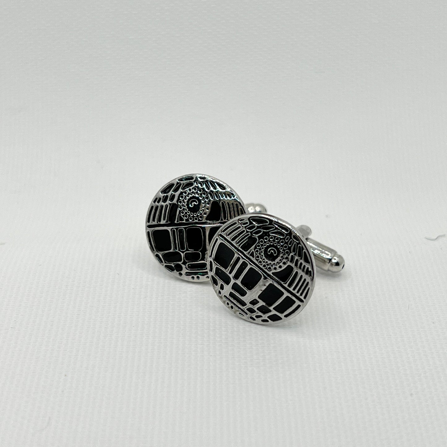 Tasker & Shaw | Luxury Menswear | Silver & Black "Death Star" flat cufflinks