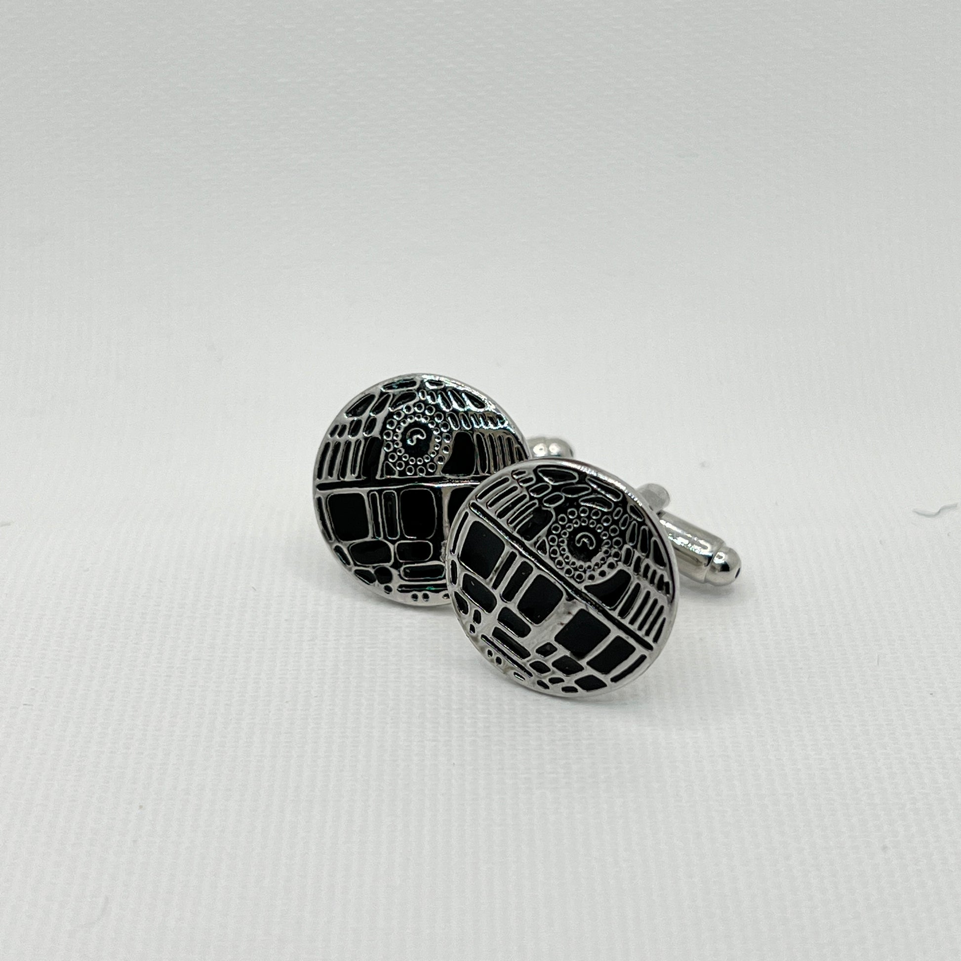 Tasker & Shaw | Luxury Menswear | Silver & Black "Death Star" flat cufflinks