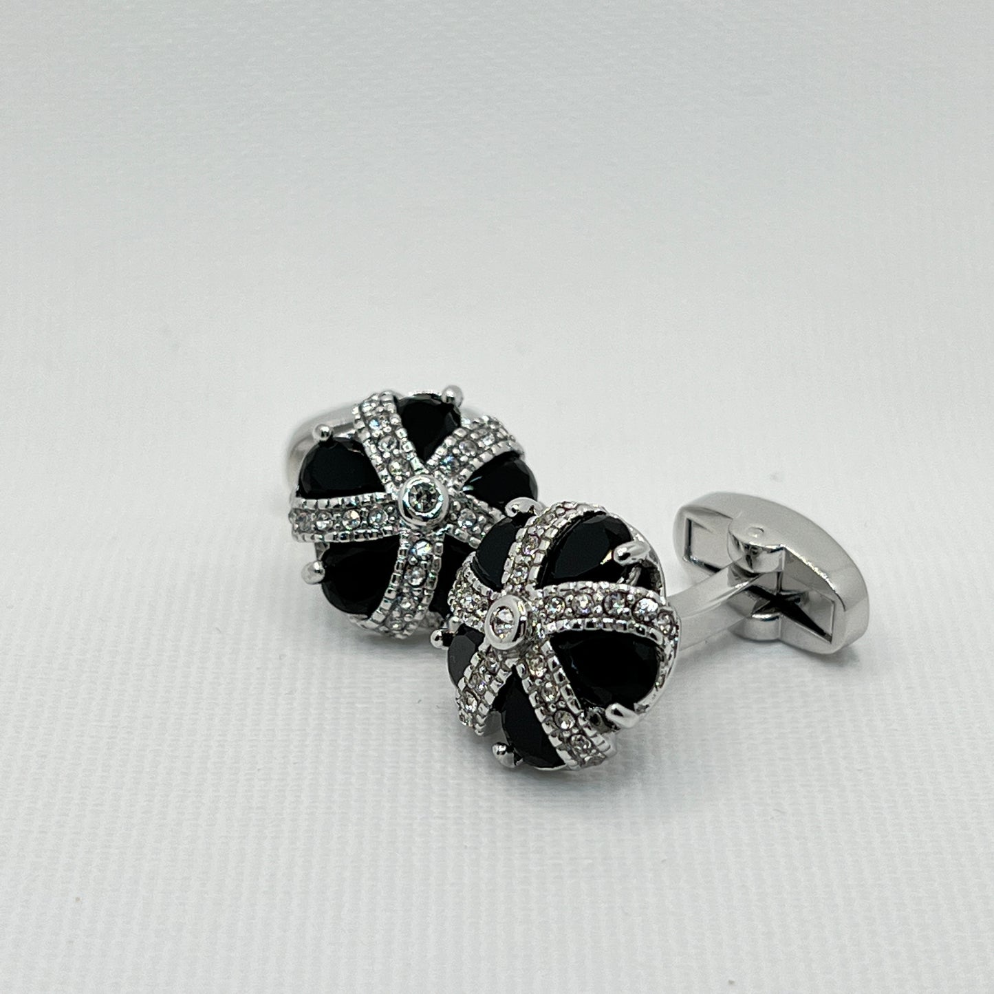 Tasker & Shaw | Luxury Menswear | Silver crown cufflinks with clear crystals and black inlay
