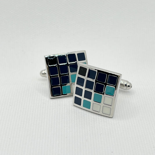 Tasker & Shaw | Luxury Menswear | Silver with tones of blue squares cufflinks