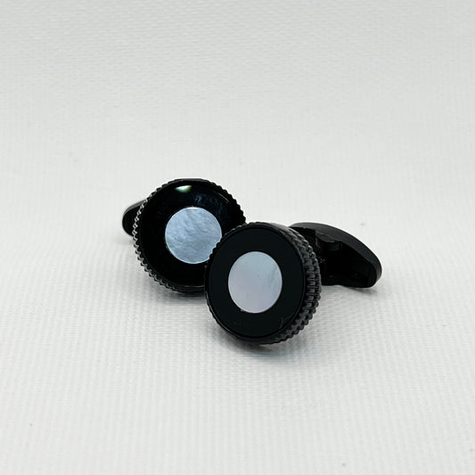 Tasker & Shaw | Luxury Menswear | Black round machine edged cufflinks with mother of pearl inlay