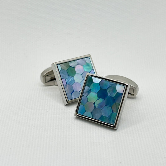 Tasker & Shaw | Luxury Menswear | Silver square cufflinks with hexagonal mother of pearl inlay