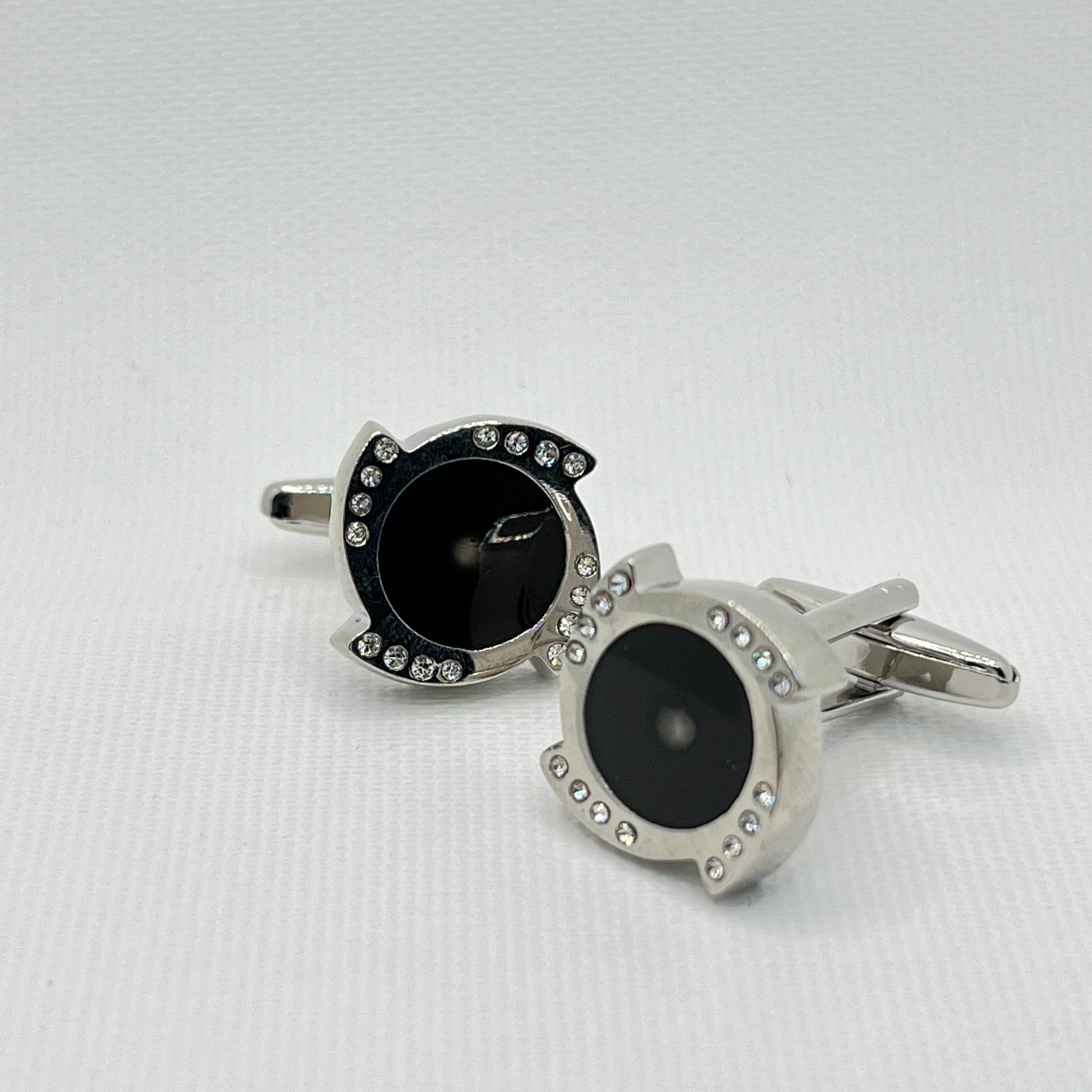 Tasker & Shaw | Luxury Menswear | Silver "clack" cufflinks with black centre and crystal detail