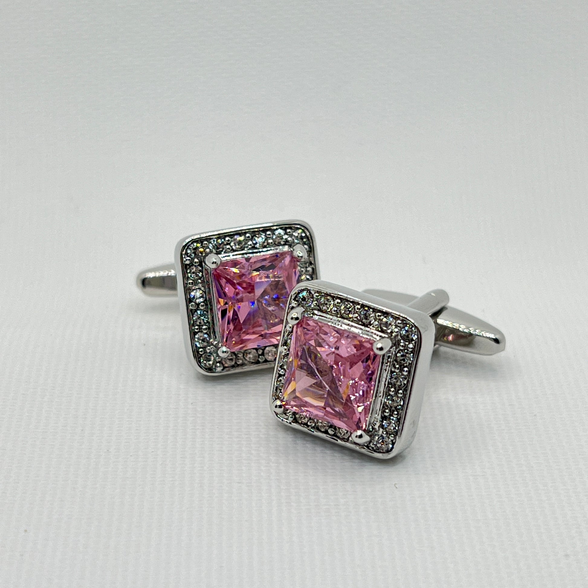 Tasker & Shaw | Luxury Menswear | Silver square cufflink with sparking pink clear crystals