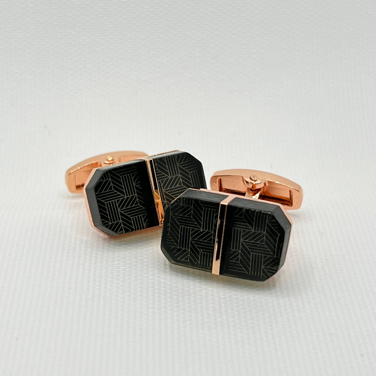 Tasker & Shaw | Luxury Menswear | Rose gold with black geometric pattern cufflinks