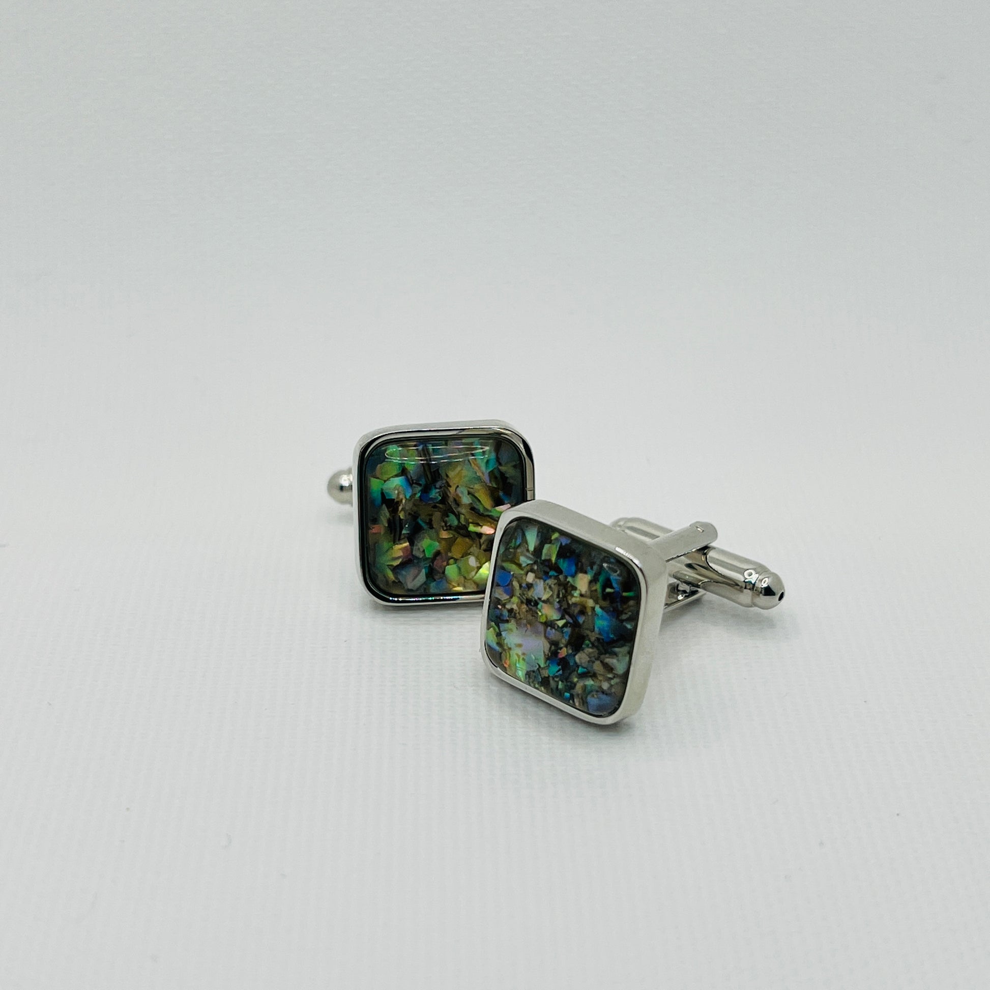 Tasker & Shaw | Luxury Menswear | Square silver cufflinks with colourful mother of pearl inlay