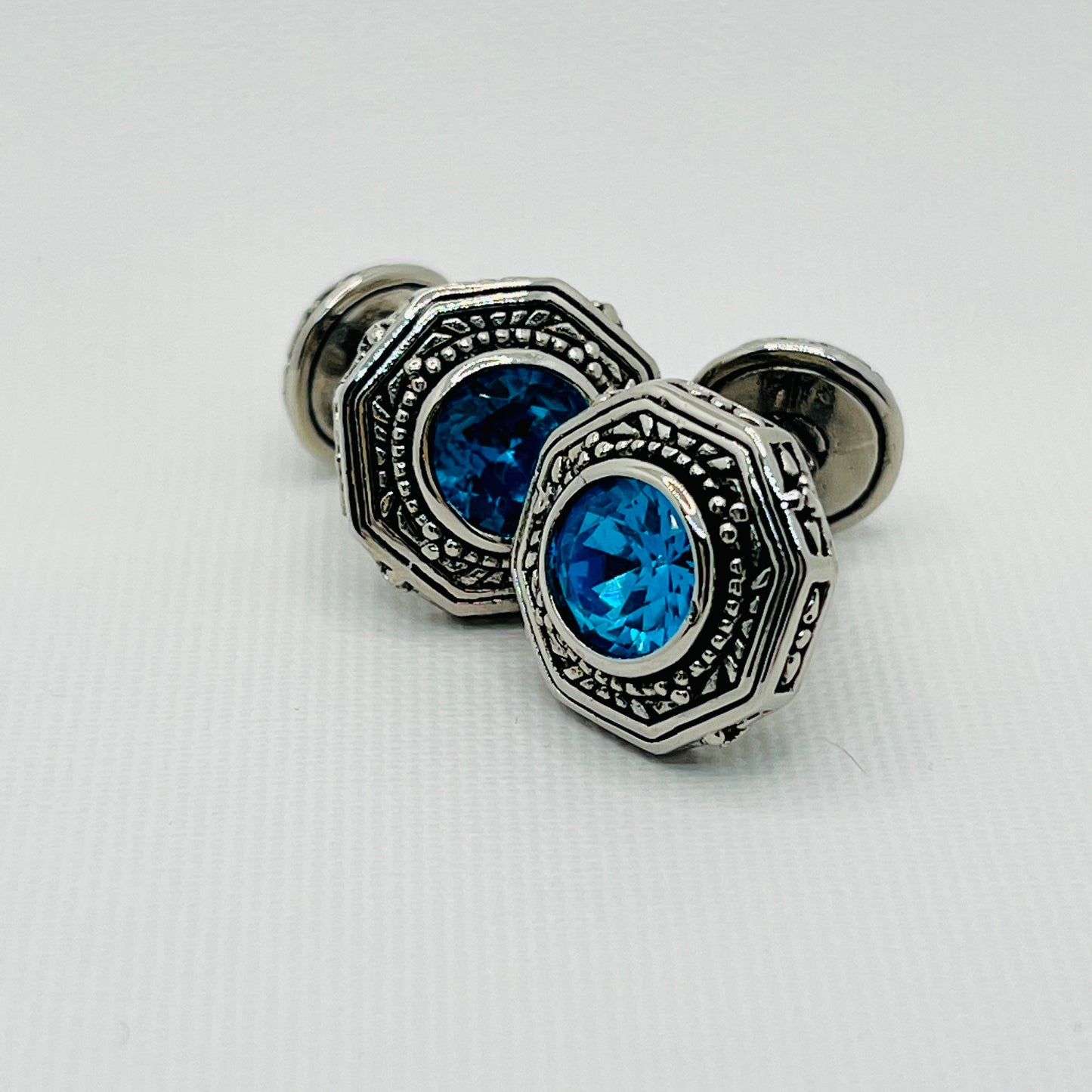 Tasker & Shaw | Luxury Menswear | Hexagonal Byzantine style cufflinks with centre blue crystal