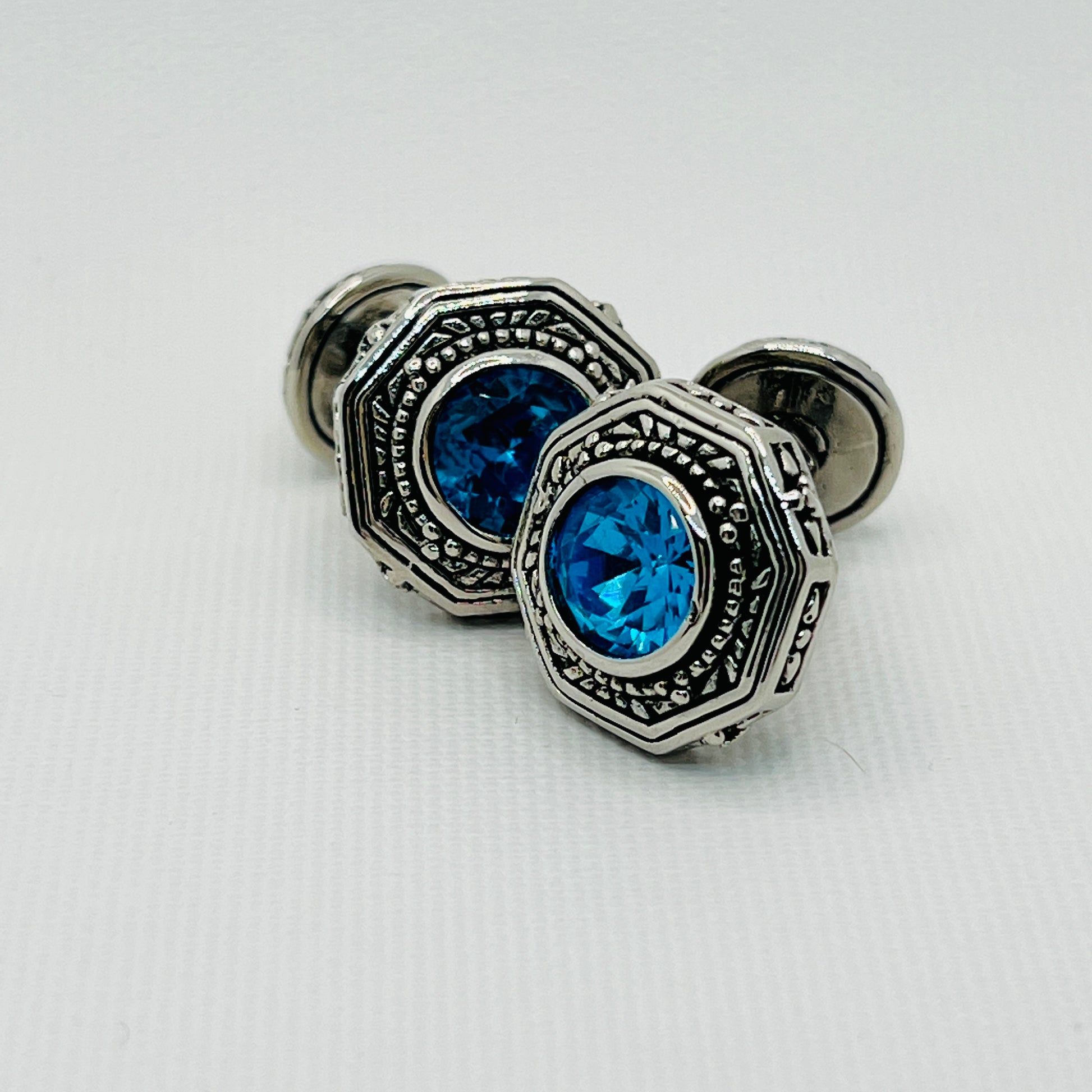 Tasker & Shaw | Luxury Menswear | Hexagonal Byzantine style cufflinks with centre blue crystal