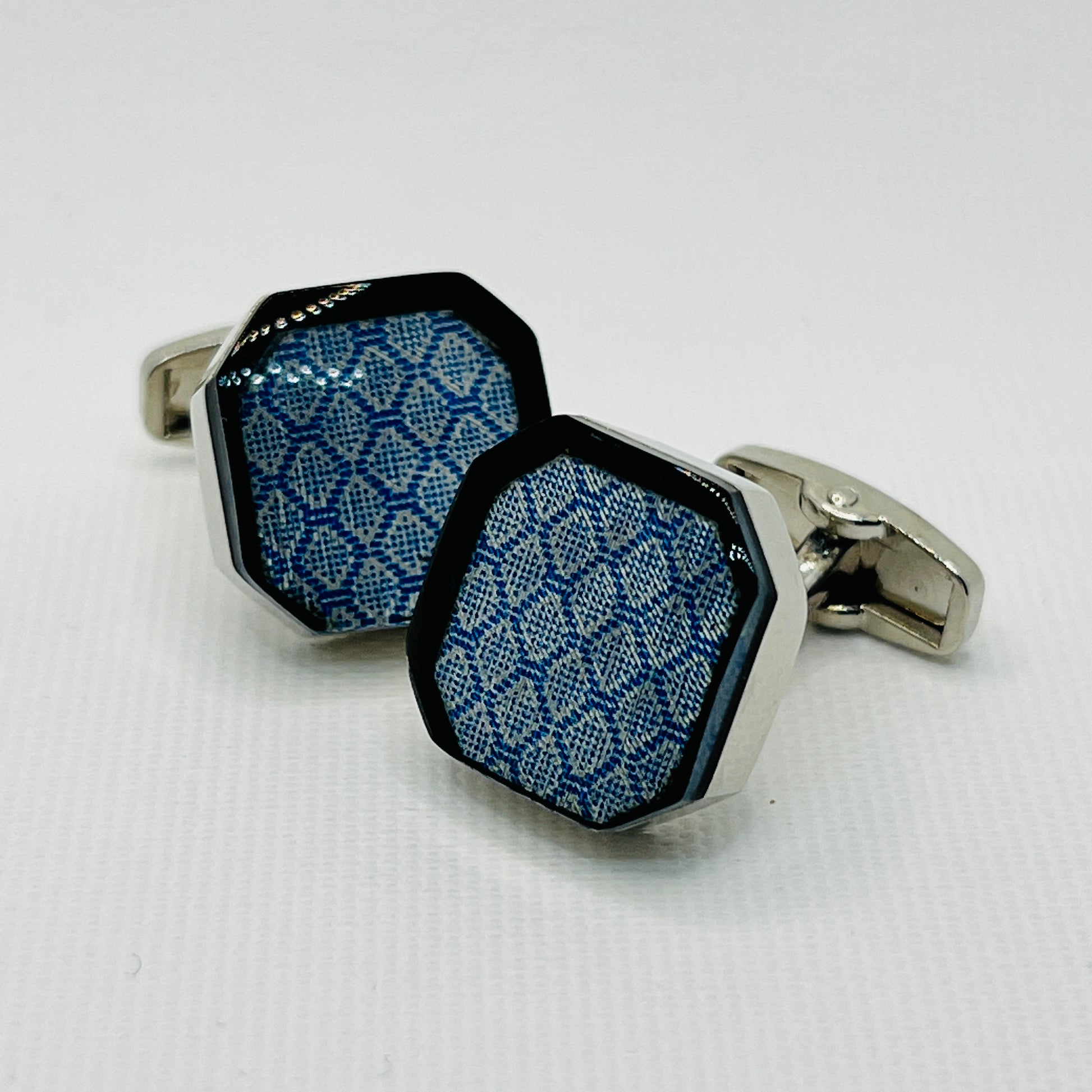 Tasker & Shaw | Luxury Menswear | Silver square octagonal cufflinks with blue patterned inlay