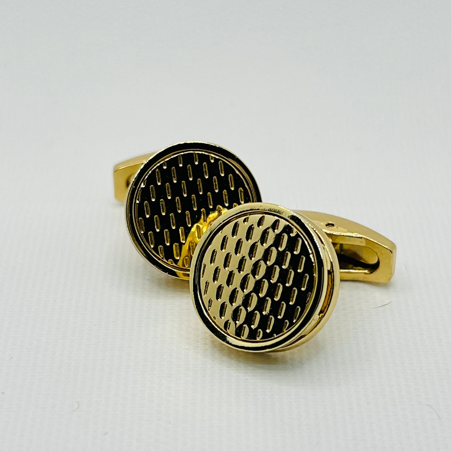 Tasker & Shaw | Luxury Menswear | Round gold coloured textured cufflinks