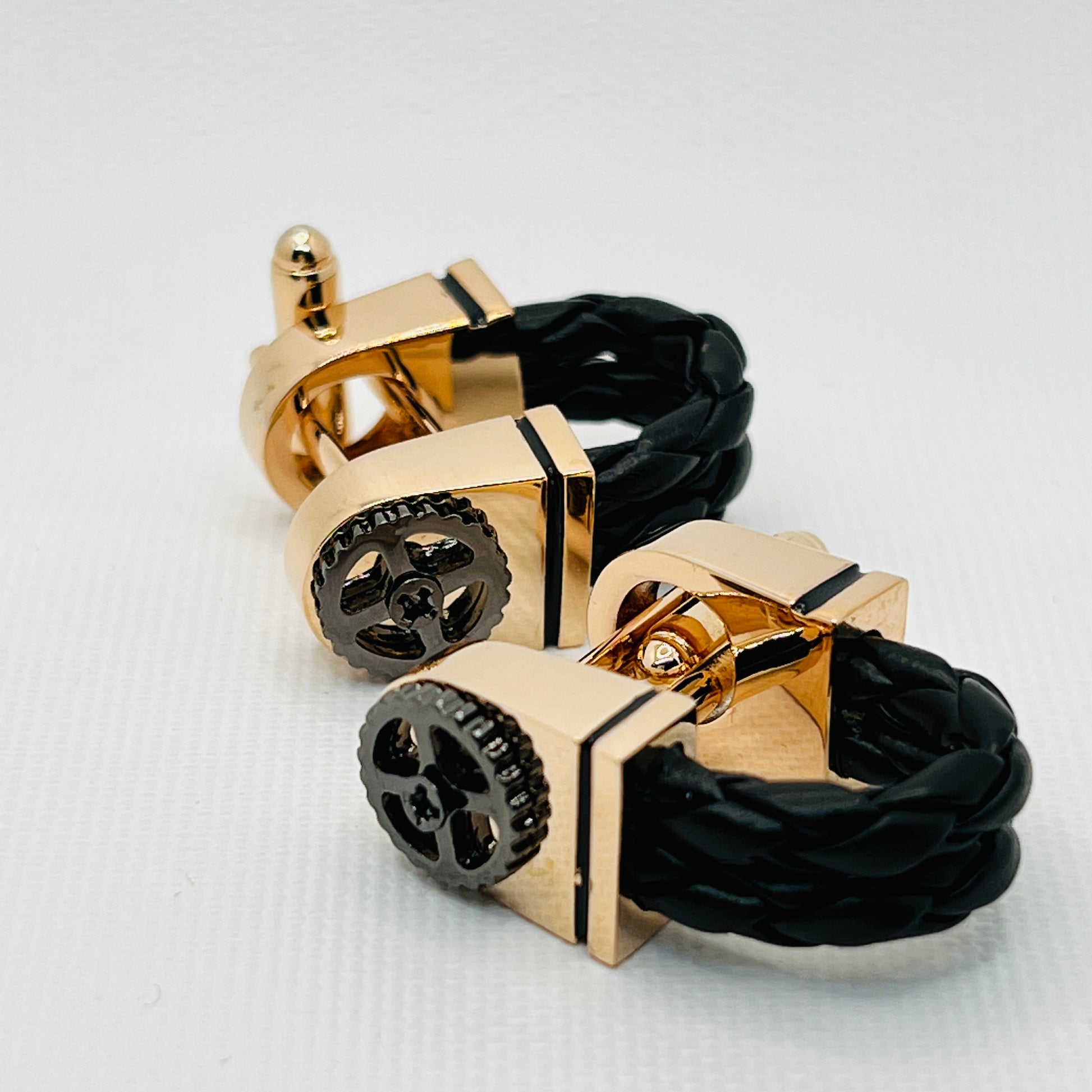 Tasker & Shaw | Luxury Menswear | Leather & rose gold coloured cufflinks