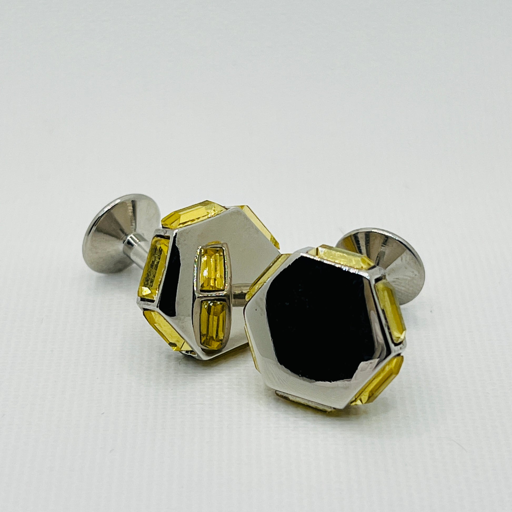 Tasker & Shaw | Luxury Menswear | Hexagonal cufflinks with yellow crystal shoulders