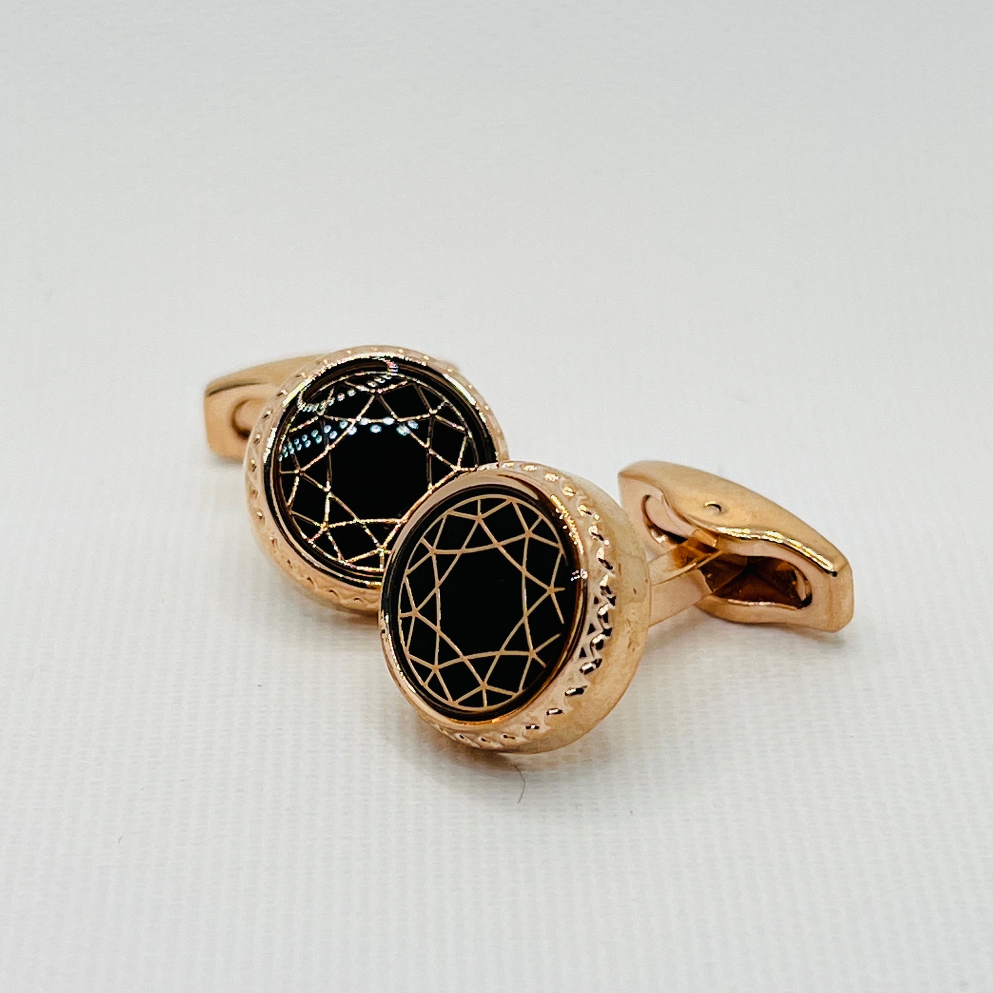 Tasker & Shaw | Luxury Menswear | Rose gold & black enamel cufflinks