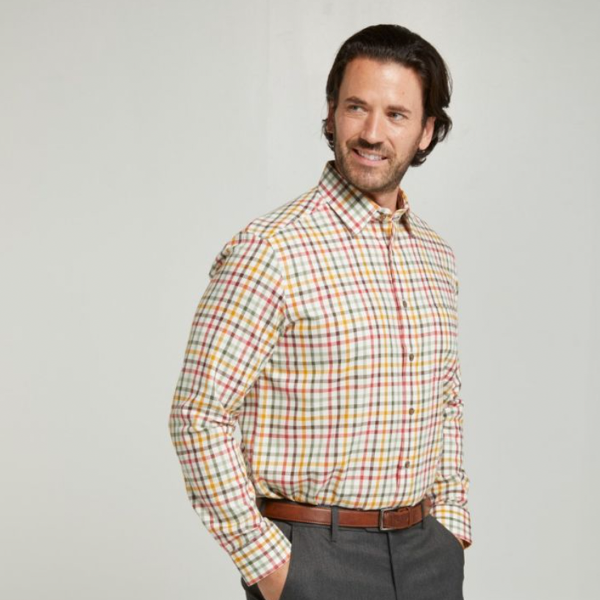 Tasker & Shaw | Luxury Menswear | Gold Tattersall check cotton twill shirt