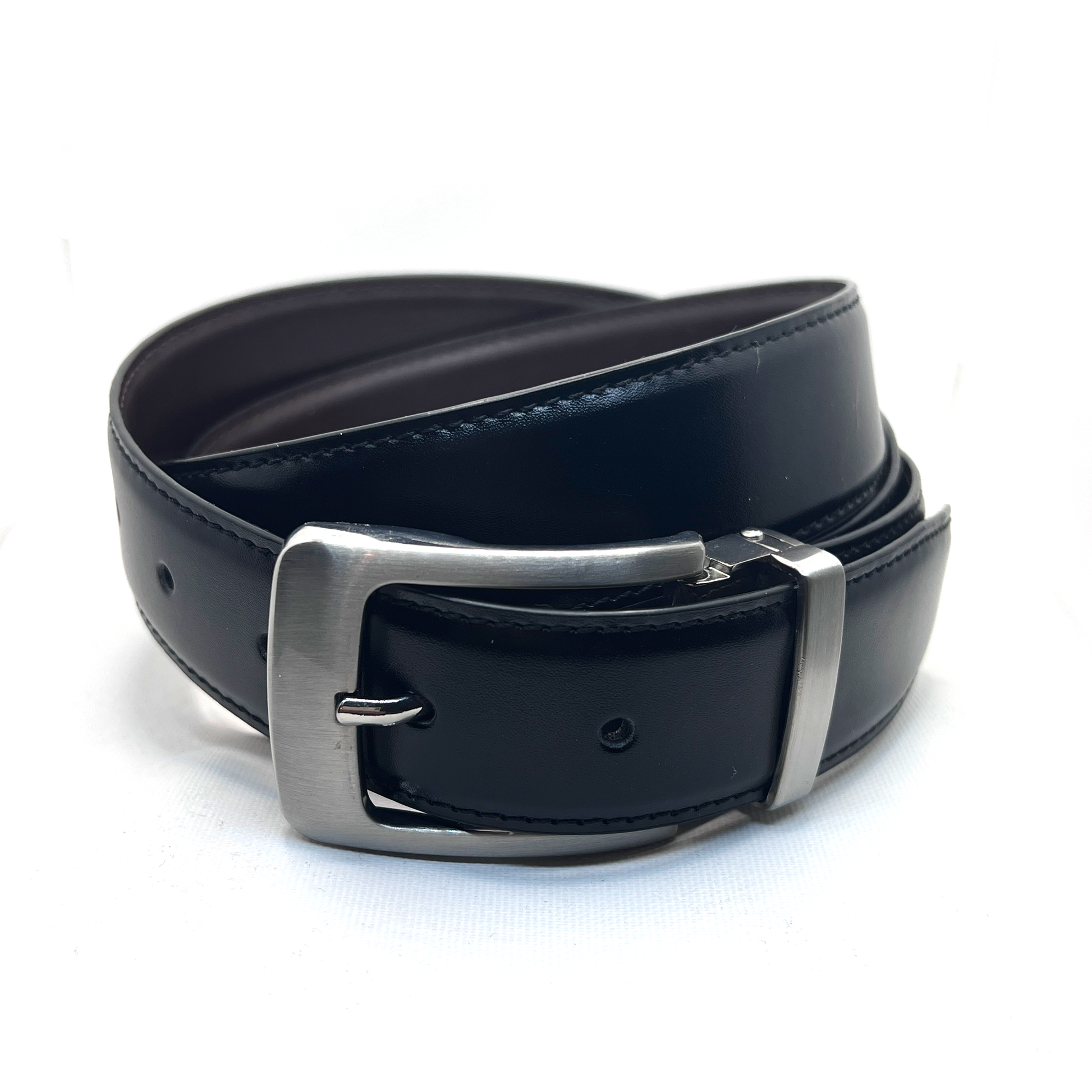 Tasker & Shaw | Luxury Menswear | Black/Brown reversible leather belt with removable steel buckle