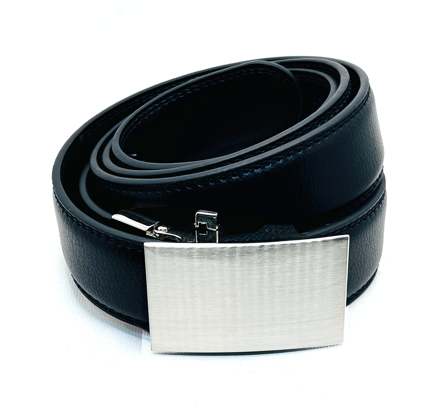Tasker & Shaw | Luxury Menswear | Black Leather Ratchet Belt with Polished Steel Buckle
