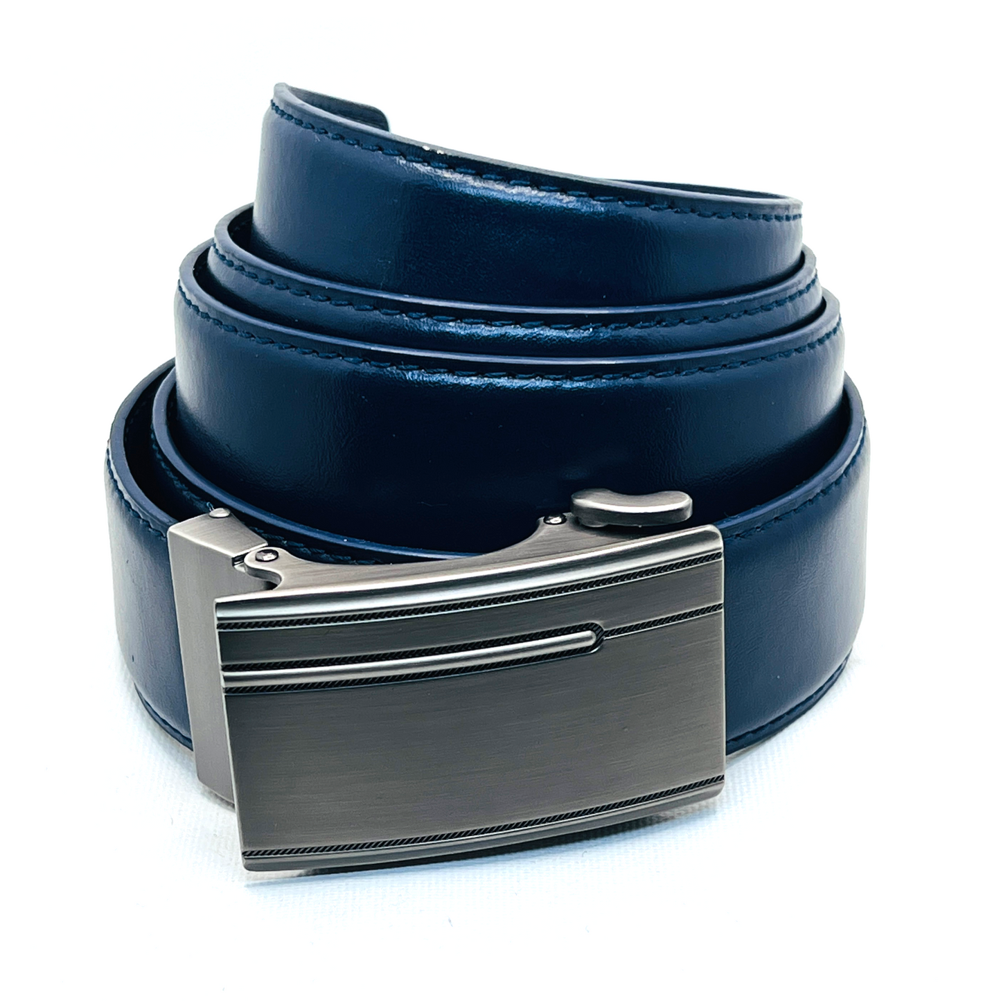 Tasker & Shaw | Luxury Menswear | Blue Leather Ratchet Belt with Gunmetal Buckle