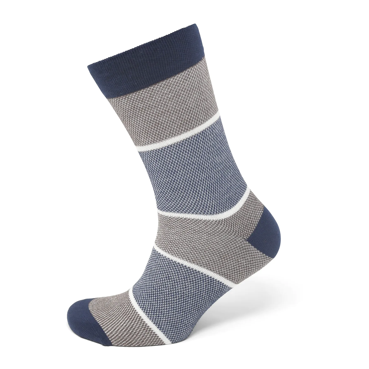 Tasker & Shaw | Luxury Menswear | Navy & grey striped woven socks, French Cotton