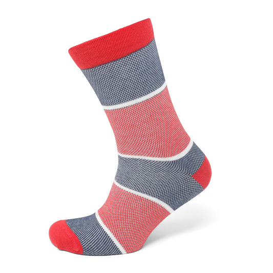 Tasker & Shaw | Luxury Menswear | Red & blue striped woven socks, French cotton