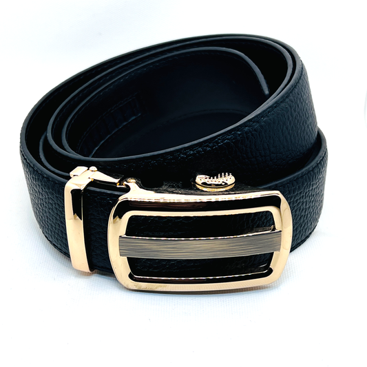 Tasker & Shaw | Luxury Menswear | Black Embossed Leather Ratchet Belt with Rose Gold Buckle